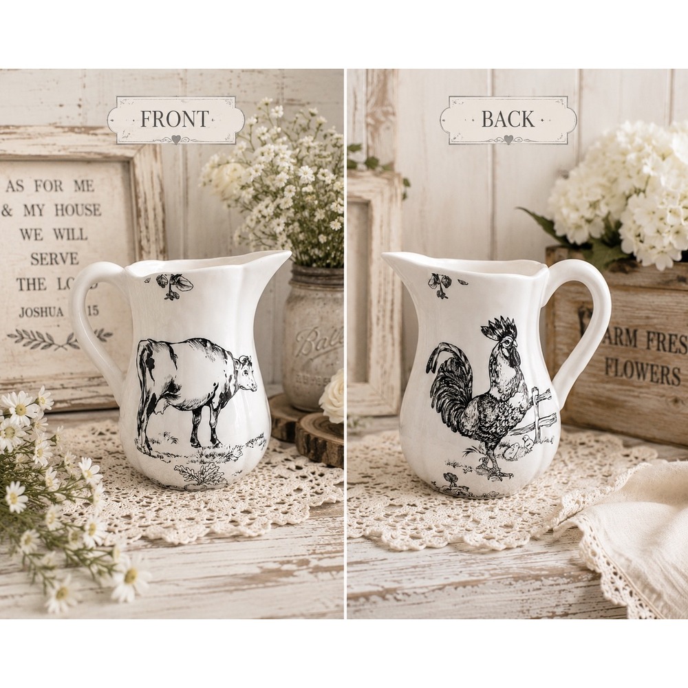 J. Willfred Farmhouse Ceramic‎ Pitcher Cow and Rooster White Black Toile 9 Inch